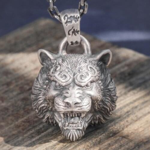 999 solid Sterling Silver Mens tiger head Handmade high details retro collection pendant charm jewelry A5181