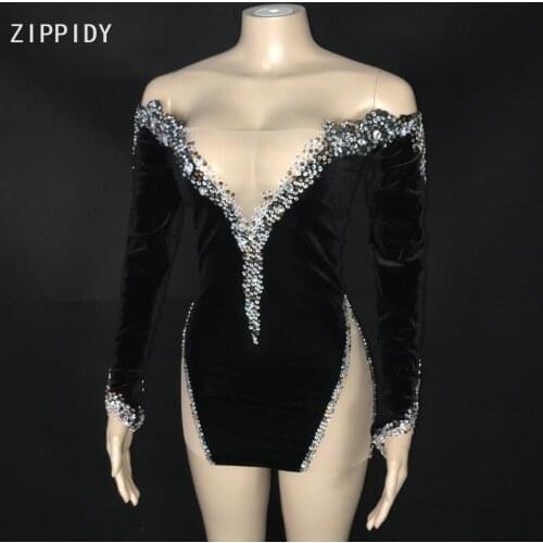 New Black Rhinestones Long Sleeves Dress Women Dancer Outfit Birthday Celebrate Dress Bar Stretch Outfit Dress