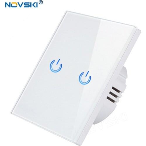 NOVSKI White-Base Touch Switch, Light Touch Switch AC 100-240V Power,Crystal Glass Panel LED Back Light,10A EU/UK 86*86 mm