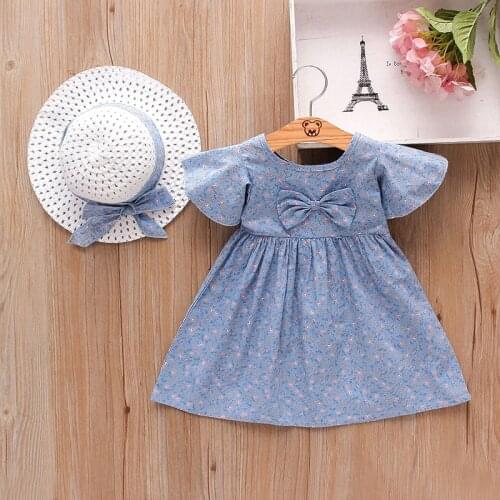 2 Piece Summer Toddler Girl Clothes Set Baby Beach Dresses Fashion Floral Dress Cute Bow Cotton Newborn Princess Dress + Sun Hat