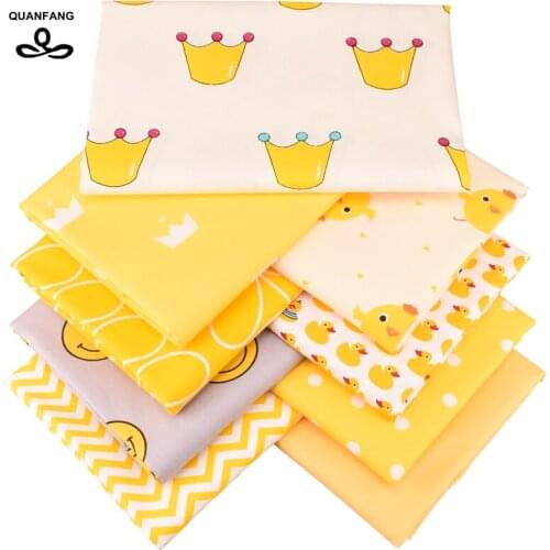 QUAN FANG 9pcs/lot yellow printing Cotton Fabric Patchwork,Tissue,Cloth,DIY,Sewing,Quilting,Quarters Material For Baby&Children
