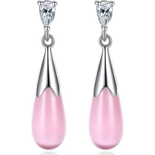 S925 Silver Earring Pink & Cler Opal Drop with Crystals Drop Earring For Women Wedding Gift Lady Girl Fashion Jewelry