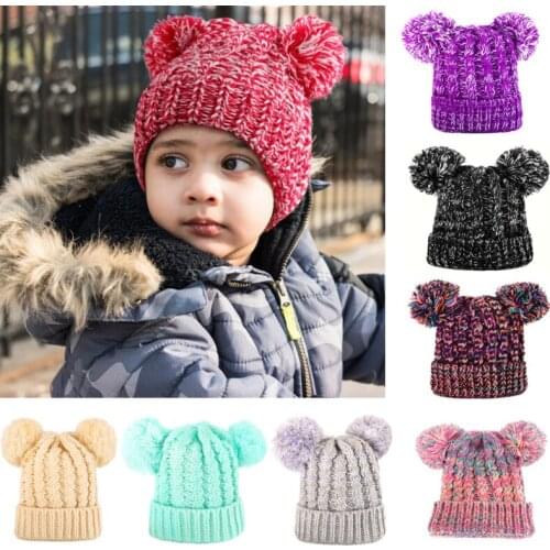 2021 Baby Hat Cute Elastic Knitted Hats Autumn Winter New Boy Girl Warm Double Pompom Cap