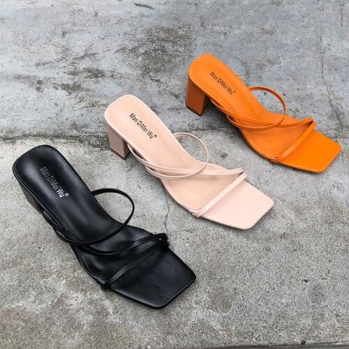 Women Sandals Slippers Slides Slip On Block High Heels Shoes Narrow Band Design Square Toe Fashion Summer Slides Size 35-41