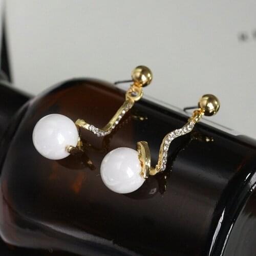 Spiral Crystal Metallic Band Connecting White Sleek Simulated Pearl Dangle Earrings Drop Earrings