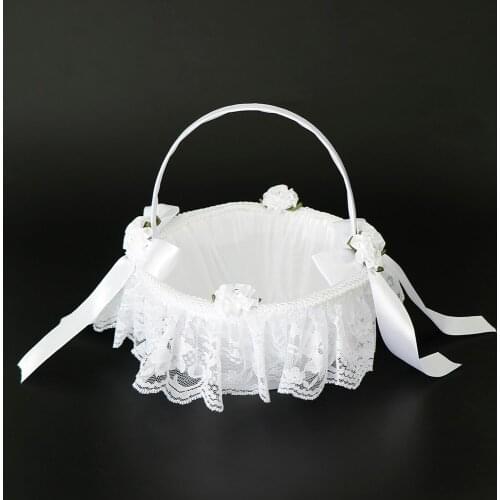 Wedding Flower Girl Basket With Romantic Lace Satin Bow Rose Flower Rhinestone Decor White