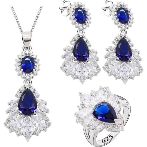 Dark Blue Sapphire 925 Silver Jewelry Set for Women Wedding Earrings Necklace Penant Ring White Green Red 4 Colors Available