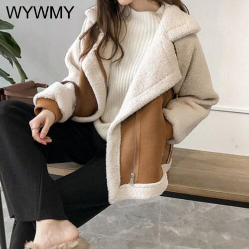 Winter Womens Teddy Jacket Oversized Chic Faux Suede Fur Collar Coats Aviator Motorcycle Biker Jackets Female Lamb Wool Coat