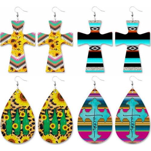Sunflower Print PU Leather Cross Drop Earrings for Women Rainbow Stripe Teardrop Earrings Jewelry Wholesale
