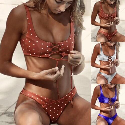Womens Swimming Costume Padded Swimsuit Monokini Push Up Hollowing Cross Bandage Bikini Sets Dot Swimwear Split Bathing Suit