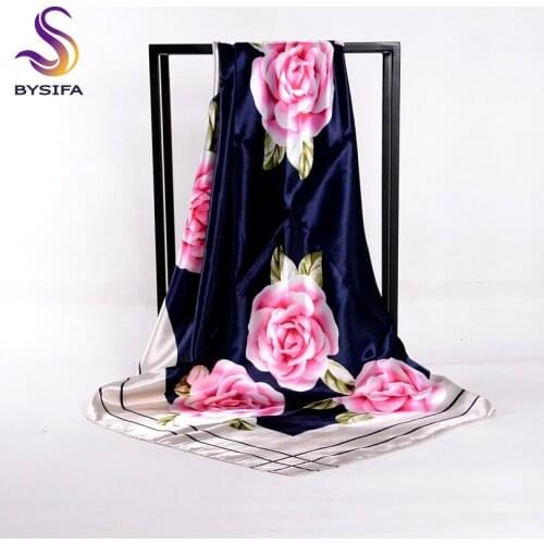 [BYSIFA] Winter Satin Square Scarves Cape Navy Blue Pink Peony Pattern Silk Scarf Shawl Spring Autumn Women Scarf Headscarves