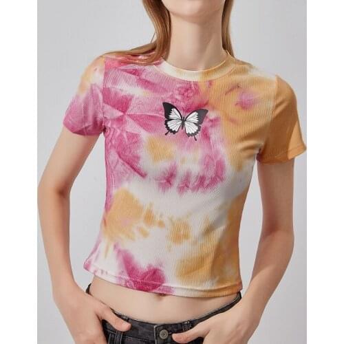 Womens New Thin Round Neck Short-Sleeve Sweater Tie-Dye T-Shirt Flower Color
