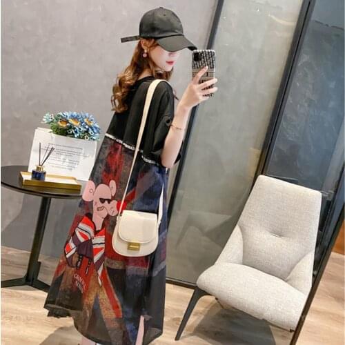 Long Knee-length Cartoon T Shirt Dress For Women 2020 Summer Internet Celebrity Loose Plus Size Fashion Befree Harajuku Shirt