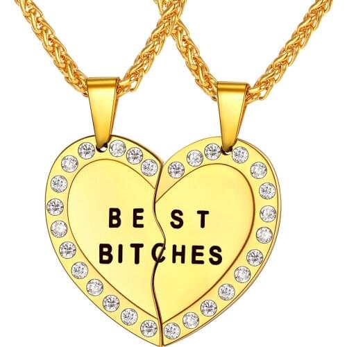 Collare Best Friend Couple Pendant Crystal Heart Gold Color Stainless Steel Rhinestone Best Bitches Pizza Necklace Woman P953