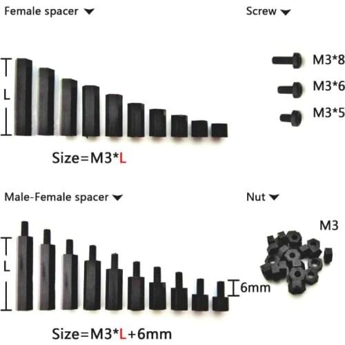 25/50/100pcs Black Plastic Nylon M3 Hex Column Standoff Support Spacer Screw Nut