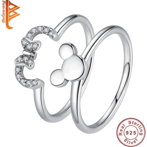 BELAWANG 925 Sterling Silver Ring Minnie Bow Knot Rings With Crystal For Women Wedding Party Gift Authentic Fine Jewelry