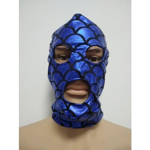 Shiny Metallic Blue Fish scale pattern Mask hood open eyes mouth Zentai Costumes Party Accessories Halloween Masks Cosplay