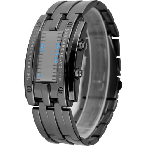 Men Black/Silver Digital Watch Creative Double Row Light Binary Dial LED Sports Male Clock Watches Stainless Steel Wristwatches