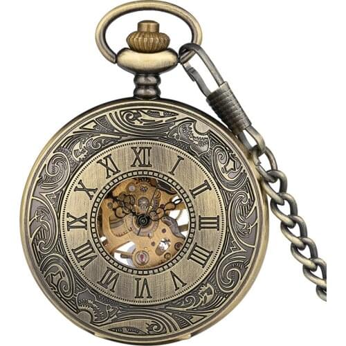 Antique Roman Number Retro Pocket Watch Unisex Handwinding Mechanical Skeleton Clock with Pendant Chain Arabic Numeral Dial Gift