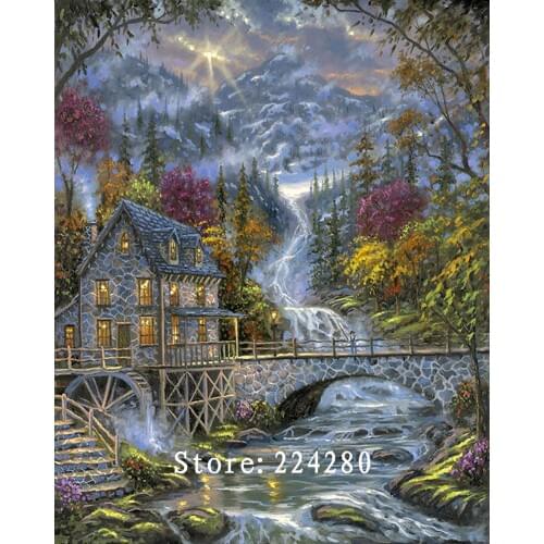 Waterwheel Hut Wood Waterfall Needlework,Embroidery,DIY 14CT Unprinted Cross stitch kits,Arts Pattern Cross-Stitching Decor