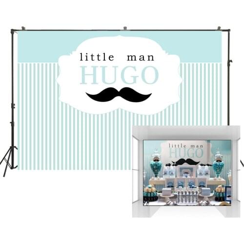 Little Man Birthday Party Backdrop Moustache Gentleman Boy 1st First Birthday Banner Blue Stripes Photo Background Decoration