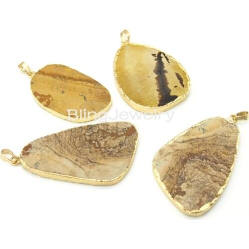 H-SP718 Free Form Tan Picture Stone Stone Charm Pendant Gold Color Electroplated
