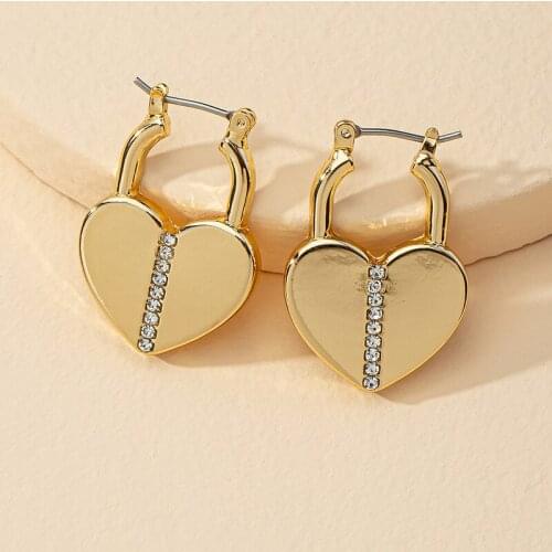 GSOLD Trendy Exquisite Rhinestone Heart-Shaped Lock Earrings Simple Temperament Small Dangle Drop Earring Sweet Girls Jewelry