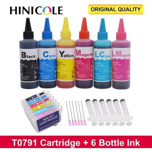 HINICOLE 6 Color Dye Ink Cartridge For Epson T0791 XL Stylus Photo 1400 1500W P50 Artisan 1430 Printer + Bottle Ink Kits 600ml