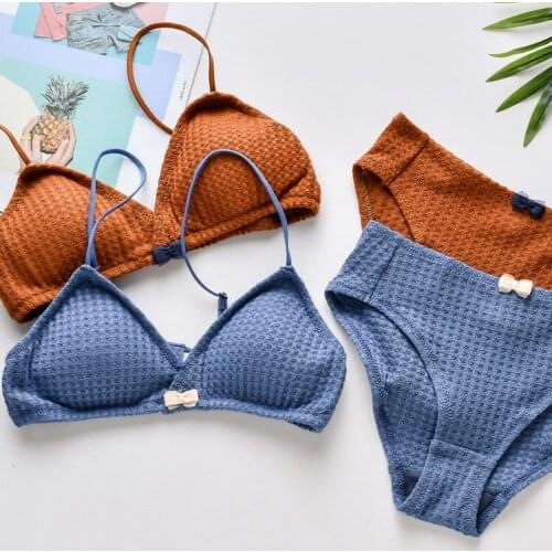 Mori Girl Simple Girls Womens Cute Bra & Panties Set Cotton Wirefree Soft Underwear Sleep Intimates Set Kawaii Lolita