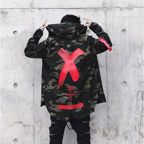 Autumn Winter Irregular X Print Camouflage Jacket Coat Men Loose Hip Hop Windbreakers Hooded Jacket Casual Long Sleeve Outerwear