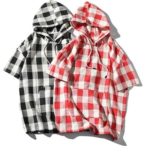 Summer short sleeve breathable plaid linen hemp hoodie for men