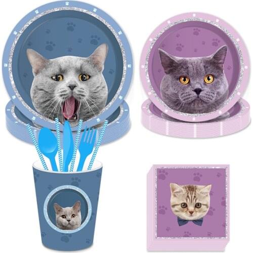 Cute Cat Dinner Plates Baby Shower Party Decorations Pet Cats Party Disposable Tableware Sets Kids Happy Birthday Party Favors