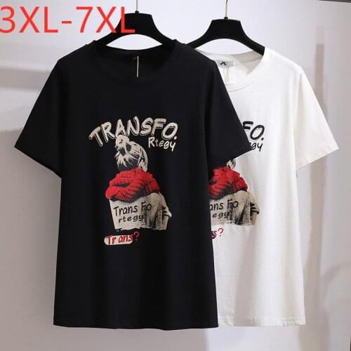 New 2021 Ladies Summer Plus Size Tops For Women Large Short Sleeve Loose Cotton Black White Print T-shirt 3XL 4XL 5XL 6XL 7XL
