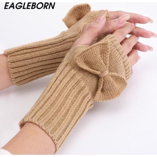 New Autumn Winter Women Bow Knitted Gloves Fashion Woolen Half Finger Gloves Winter Gloves Women Student Fingerless Gloves