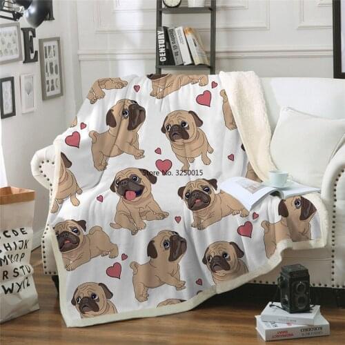Pet Dog Pug Print Sherpa Blanket Couch Sofa Cover Travel Youth Bedding Outlet Fleece Thick Blanket Bedspread Decoration Tapestry