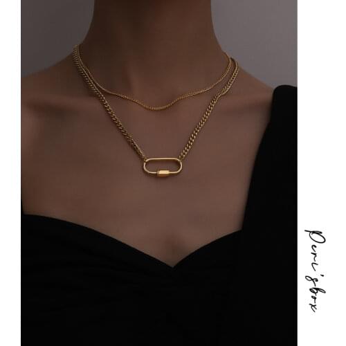 PerisBox Gold Color Safety Pin Carabiner Necklaces Two Layered Oval Necklaces for Women Minimalist Stainless Steel Jewelry