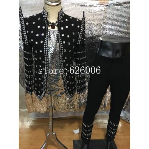 New Fashion Handmade Mens Crystal sequin Jacket costumes Nightclub male singer dj performance coat men't clothing set