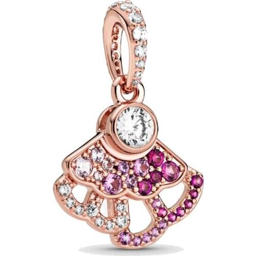 Original Rose Pink Fan With Colorful Crystal Pendant Beads Fit 925 Sterling Silver Charm Bracelet Bangle Diy Jewelry