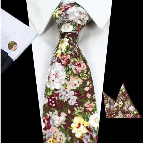 Ricnais Mens Tie 100% Cotton Tie + Hanky + Cufflinks Sets 8cm Floral Ties Pocket Square For Formal Wedding Business Party