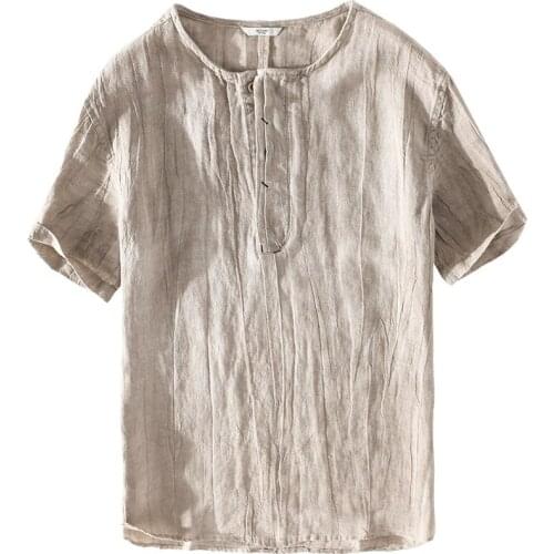 100% Pure Linen Men Short Sleeve Shirts Casual Fashion Solid gray round Collar Man 2020 Summer Tops