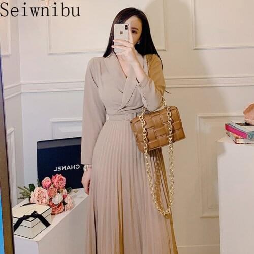 Seiwnibu Womens New Notched Neck Pleated Dress Draped Lace Up Bow A-line Dresses OL Elegant Work Wear Business Vestidos