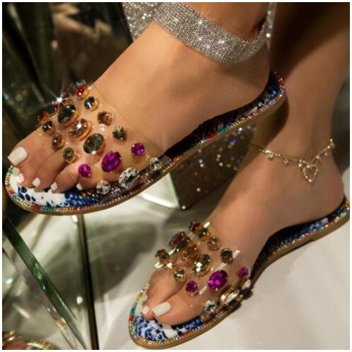 Shining gem 2021 New slippers, summer womens sandals colored gemstones beaded, flat non-slip durable beach slippers