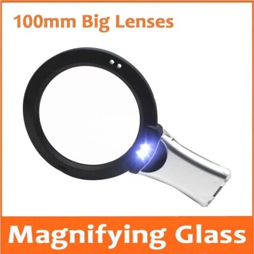 2.5X 6X 100mm Lens Diameter LED Illuminated Handheld Desktop Magnifying Glass Loupe Magnifier with 2 Lights Lamps