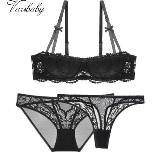 Varsbaby 3Pcs Women Thin Floral Underwear Sexy Lace Half-Cup Bra+Panty+Hollow-Out Thong Lingerie Sets