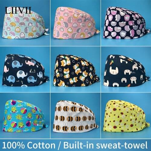 High Quality Animal Print Surgical Cap Dental Clinic Nursing Scrub Cap 100%Cotton Beauty Salon Nurse Cap Health Service Work Hat