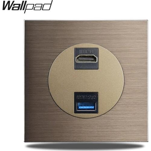 Wallpad L6 HDMI USB3.0 Extension Data Outlet Socket Brown Brushed Aluminum Panel 86 * 86mm
