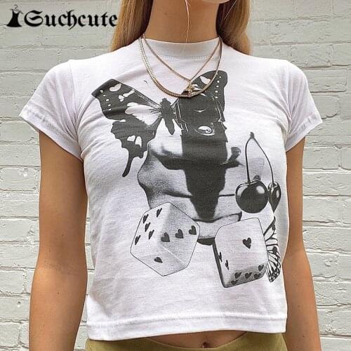 SUCHCUTE Harajuku Butterfly Print Tshirts Short Sleeve Casual Basic Crop Tops Streetwear O Neck Women Pullovers Summer Tees
