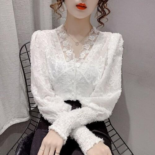 Lace shirt womens 2021 new autumn and winter style, fashion jacket, small shirt, V-neck, early spring womens trend