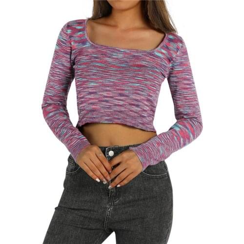 Women Casual Knitted Long Sleeve T-shirt Sweaters Fall Spring Colorful Stripe Square Collar Exposed Navel Tops Pullovers Jumpers