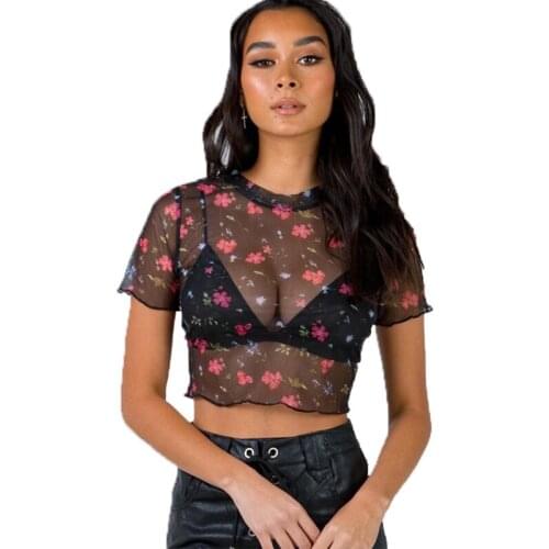 Women Turtleneck Print Perspective Mesh Sheer T-Shirt See Through Slim Clubwear Short Sleeve T-Shirt Flower S